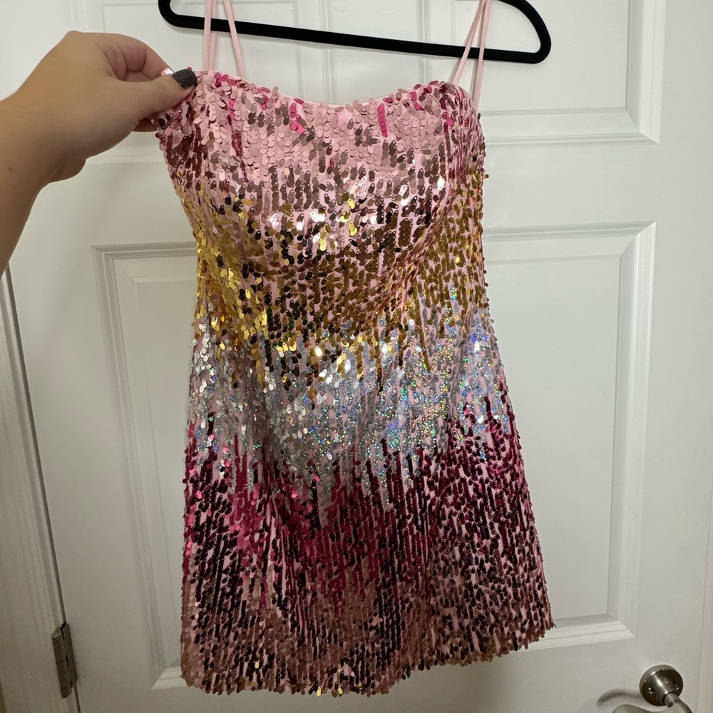 Mori Lee full sequin strapless mini dress